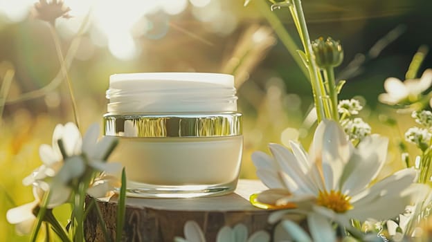 Cosmetic cream in a glass jar. Skin care concept. Background for beauty products