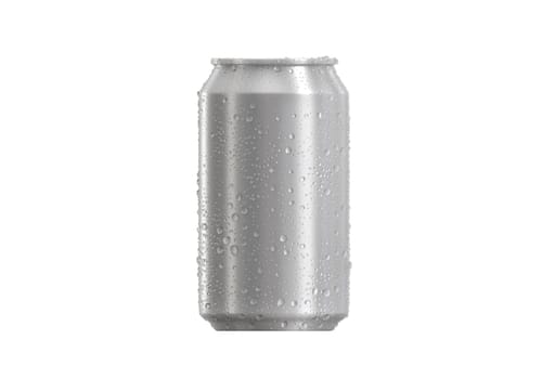 Aluminum soda can with water drops isolated on white background