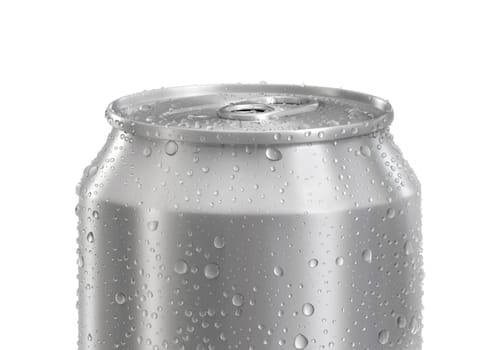 Aluminum soda can with water drops isolated on white background