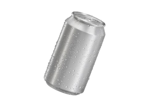 Aluminum soda can with water drops isolated on white background