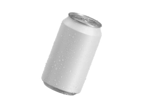 Aluminum soda can with water drops isolated on white background