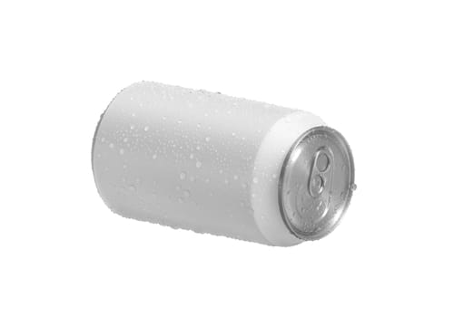 Aluminum soda can with water drops isolated on white background