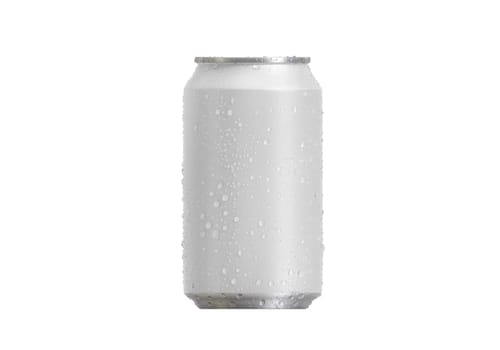 Aluminum soda can with water drops isolated on white background
