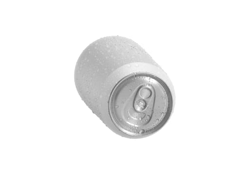 Aluminum soda can with water drops isolated on white background