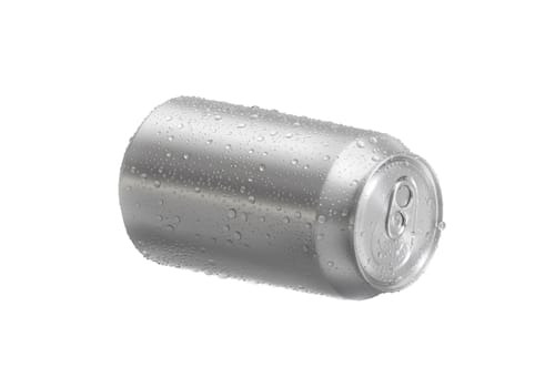 Aluminum soda can with water drops isolated on white background
