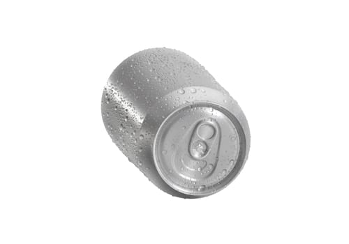 Aluminum soda can with water drops isolated on white background