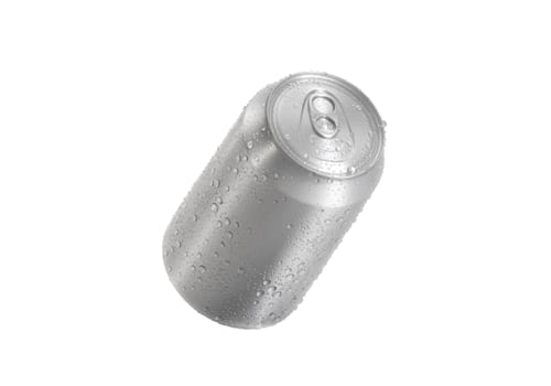 Aluminum soda can with water drops isolated on white background