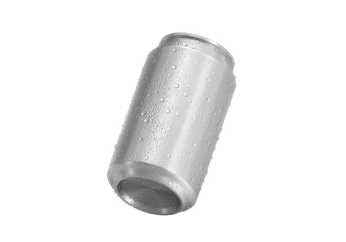 Aluminum soda can with water drops isolated on white background