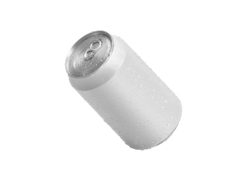 Aluminum soda can with water drops isolated on white background