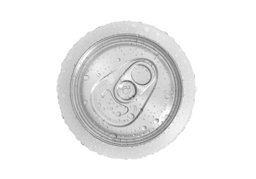 Top view. Aluminum soda can with water drops isolated on white background