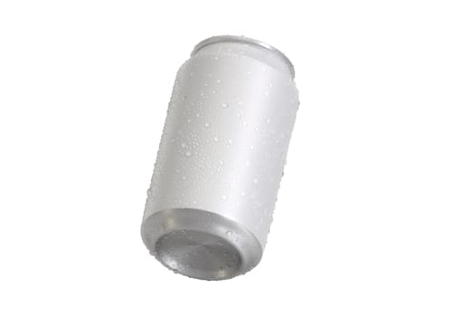 Aluminum soda can with water drops isolated on white background