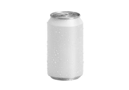 Aluminum soda can with water drops isolated on white background