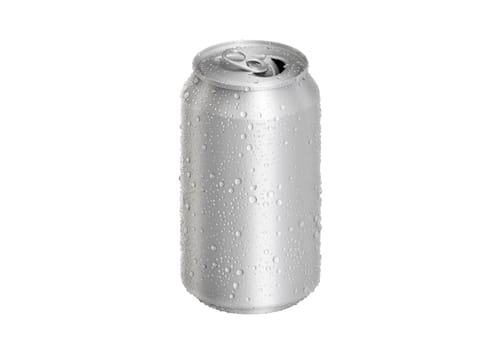 Open Aluminum soda can with water drops isolated on white background