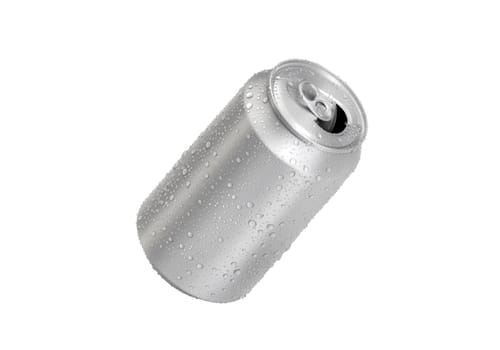 Open Aluminum soda can with water drops isolated on white background