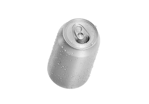 Open Aluminum soda can with water drops isolated on white background