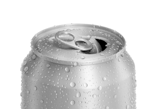 Open Aluminum soda can with water drops isolated on white background