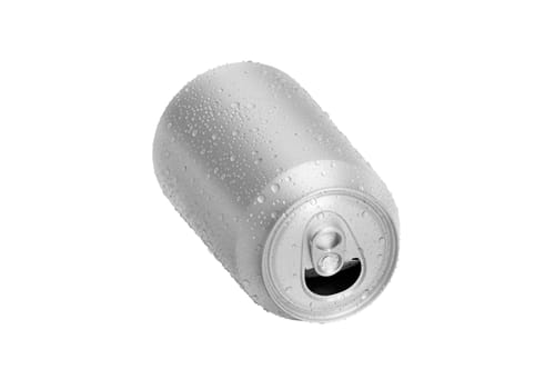 Open Aluminum soda can with water drops isolated on white background
