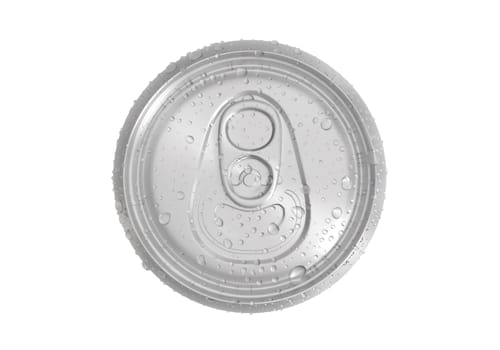 Top view. Aluminum soda can with water drops isolated on white background