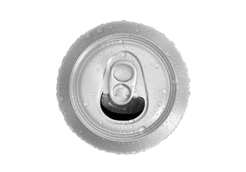 Top view. Open Aluminum soda can with water drops isolated on white background