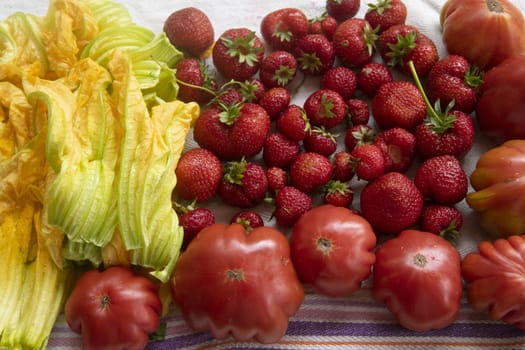 Vibrant summer bounty: ripe heirloom tomatoes, fresh strawberries, and delicate zucchini blossoms artfully arranged on rustic linen. Ideal for healthy eating, organic food, and farm-to-table themes.