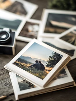 Vertical AI generated image showing a stack of printed travel photographs on wood with a vintage camera. Warm natural lighting captures nostalgic memories and scenic landscapes beautifully.