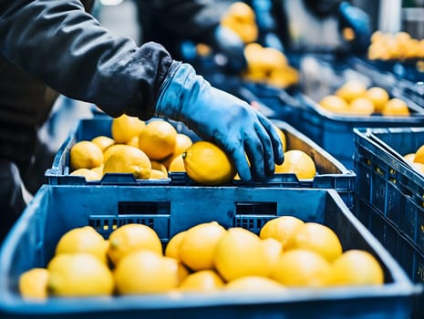 AI generated image of workers wearing gloves sorting fresh lemons into blue crates. Industrial food handling process in a clean, organized environment emphasizing hygiene, agriculture, and produce care.
