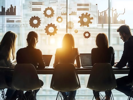 AI generated image of a business team working together at a meeting table. Backlit scene with digital gear icons and charts on glass, symbolizing teamwork, innovation, and business processes.