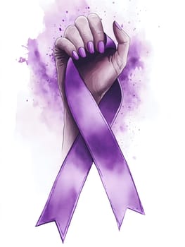 Vertical AI generated illustration of a hand holding a purple ribbon. Symbol of awareness, strength, and solidarity related to causes such as domestic violence, epilepsy, and women's rights.