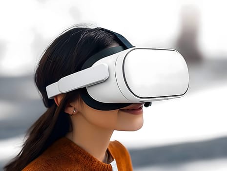 AI generated image of a woman using a white virtual reality headset outdoors. Futuristic concept blending immersive technology with real-world environment, highlighting innovation and experience.