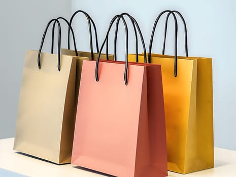 AI generated image of three paper shopping bags in pastel tones placed on a white shelf. Minimalist composition with soft lighting, perfect for retail, fashion, sale, or consumer-related themes.