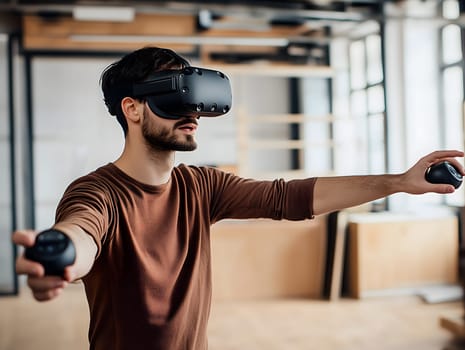 AI generated image of a young man wearing a VR headset and holding controllers with arms extended. Indoor setting, immersive experience, and interactive technology concept in a casual environment.