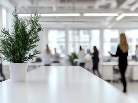 AI generated image of a potted plant on a white desk in a bright, modern open-plan office. Background features blurred business professionals, conveying a clean and professional work environment.