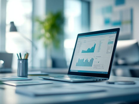 AI generated image showing a laptop on a desk in a modern office, displaying financial charts and data analytics, symbolizing digital business, productivity, finance, and professional workspace