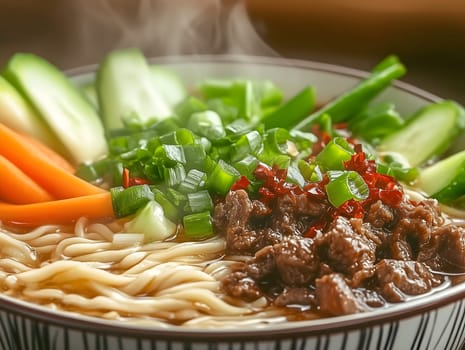 AI generated image of a steaming bowl of noodles with sliced beef, carrots, cucumbers, and scallions. Rich in color and texture, this appetizing dish showcases vibrant and hearty Asian cuisine.