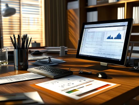 AI generated image of a modern office desk with a desktop computer showing financial charts, reports, and spreadsheets. Professional atmosphere with natural light and organized workspace details.
