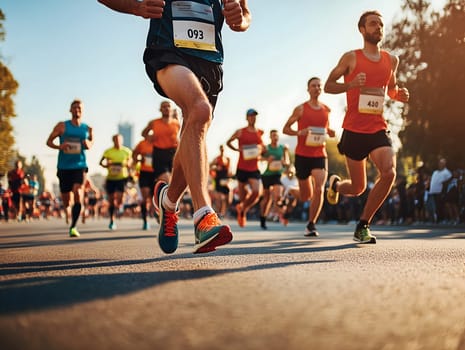 AI generated image showing a dynamic outdoor marathon with runners wearing sports gear on a sunlit urban street