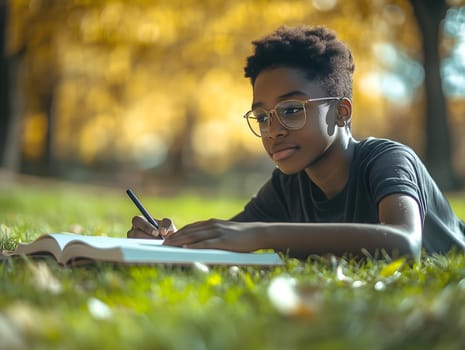 AI generated image of a young student lying on green grass with a notebook and pen. Surrounded by autumn trees, the scene captures focus, learning, and peaceful outdoor study vibes.