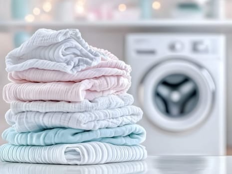 AI generated image of a neat stack of folded pastel-colored towels on a surface with a modern washing machine in the background. Clean, fresh, and organized laundry room environment.