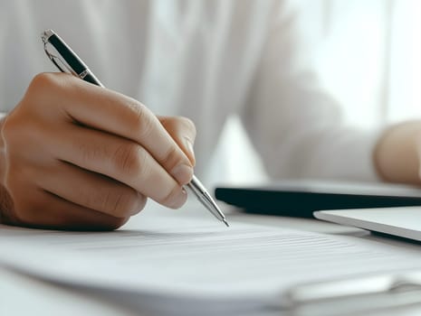AI generated image showing a close-up of a hand holding a pen and writing on paper beside a laptop. Professional and clean workspace scene representing productivity, office tasks, or documentation.