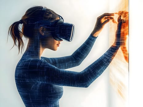 AI generated image of a woman wearing a VR headset and interacting with a virtual screen. Futuristic concept combining technology, immersion, and human-digital interface in a glowing environment.