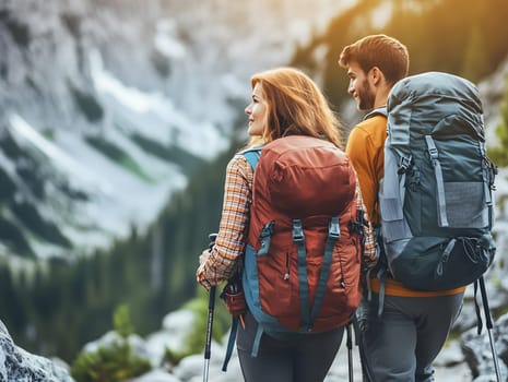 AI generated image of a couple with large backpacks hiking through a scenic mountain trail. Outdoor adventure, connection with nature, and active lifestyle in a breathtaking alpine environment.
