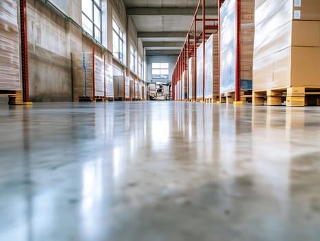 AI generated image of a spacious industrial warehouse with tall racks and large boxes. Clean polished floor and daylight from windows emphasize organization, storage, and logistics infrastructure.