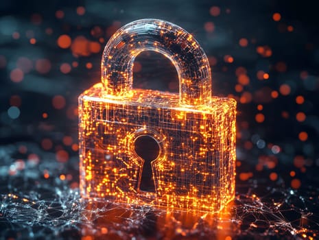 AI generated image of a glowing digital padlock surrounded by particles, symbolizing cybersecurity, data encryption, privacy, and secure technology in a futuristic and abstract digital environment.