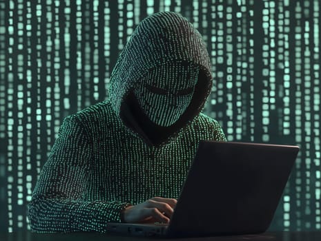 AI generated image of a hacker in a hooded figure made of code using a laptop. Background of binary data evokes cybersecurity, hacking, and digital threats in a stylized cyberpunk environment.