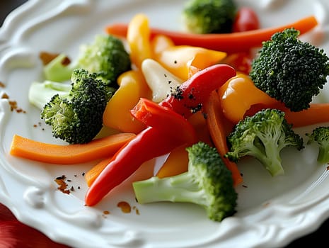 AI generated image of a white plate with vibrant steamed vegetables like broccoli, carrots, and peppers. Healthy and colorful presentation, perfect for nutrition, diet, and plant-based meal concepts.