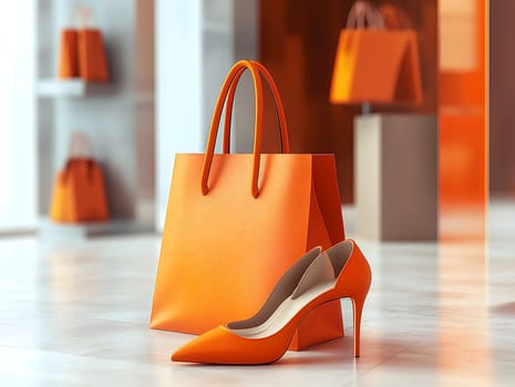 AI generated image of an elegant orange high heel shoe with a matching handbag on a glossy showroom floor. Modern fashion display reflecting style, color coordination, and premium retail aesthetics.