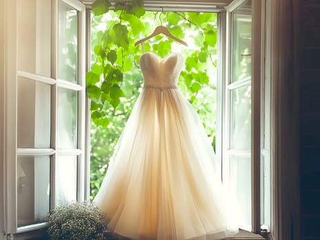 AI generated image of a delicate bridal gown hanging from a window frame with soft natural light and lush green leaves outside. Romantic and serene scene perfect for weddings, fashion, or lifestyle.