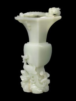 Elegant 18th-19th century Chinese vase carved from pale jade, featuring a dragon and phoenix. Intricate details, symbolic of harmony and auspiciousness.