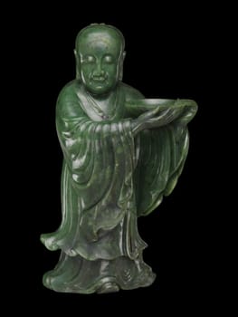 18th-century Chinese carving of a standing immortal figure in deep green jade, holding an offering. Smooth texture, serene expression.