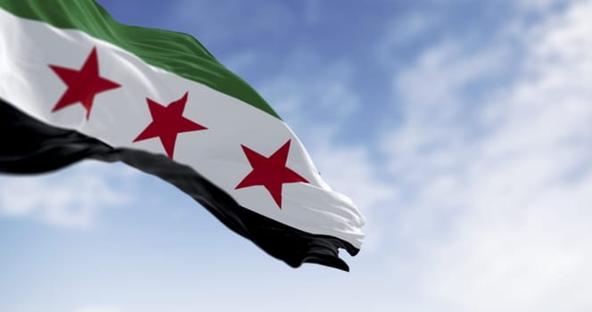 Syria national flag waving on a clear day. Horizontal tricolor green, white, black, three red five-pointed stars. 3d illustration render. Selective focus
